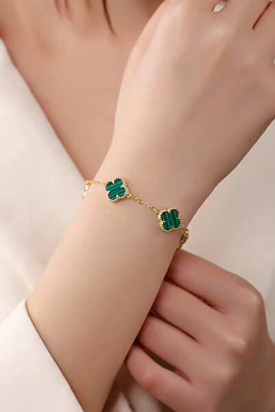 SARIASLAN 10 Milim Orta Boy 925 Ayar Gümüş 5 Li Yonca Gümüş Kadın Bileklik Gold Renk