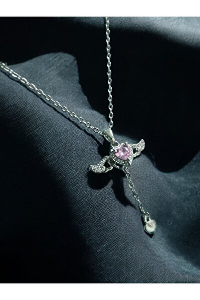 Bro Hareketli Kanatlı Kalpli Pembe Taşlı Kadın Çelik Kolye