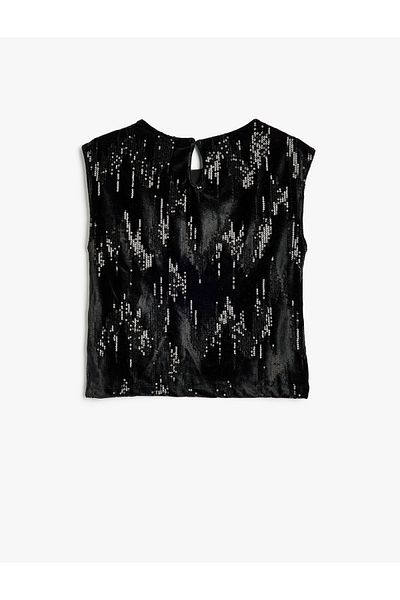 Koton Shiny Sequined Sequin Blouse - Sleeveless, Crew Neck