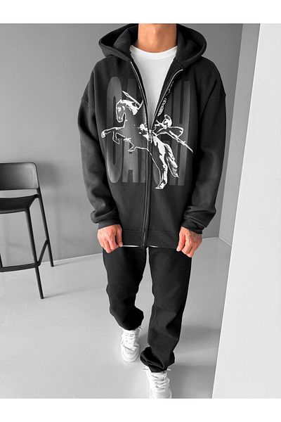 ablukaonline Unisex Oversize Printed Hooded Zippered Sweatshirt Black