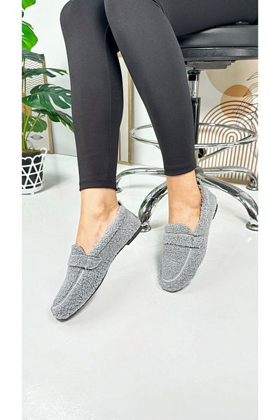 Nstil Loafer căptușit cu pluș gri - vârf oval, pantofi cu talpă joasă cu model 375