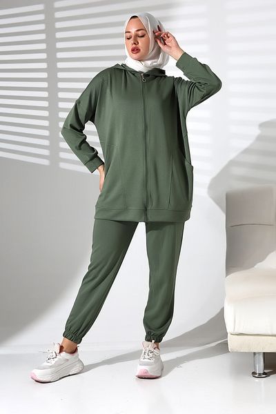 Mihran Butik Χακί Χρώμα Γυναικείο Αθλητικό Σετ Διπλό - Άνετο Τουνίκ και Παντελόνι Hijab
