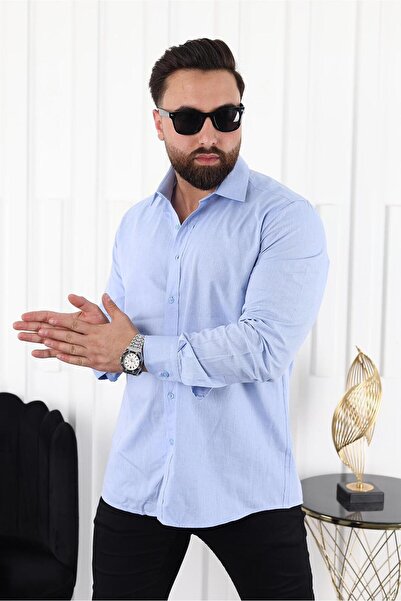 MCZ GİYİM Синя довга сорочка без кишень, класична, прямий крій, для чоловіків