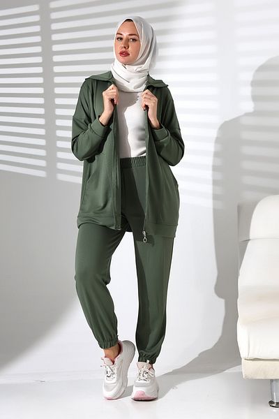 Mihran Butik Χακί Χρώμα Γυναικείο Αθλητικό Σετ Διπλό - Άνετο Τουνίκ και Παντελόνι Hijab