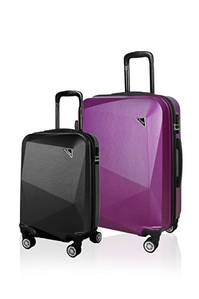 POLO&SKY Elmas Mor Renk Orta Boy + Elmas Siyah Renk Kabin 2'li Valiz Seti
