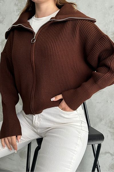 macharel jeans Καφέ πλεκτή ζακέτα με φερμουάρ γιακά