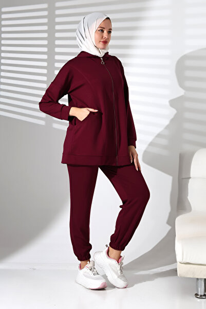 Mihran Butik Kadın Mevsimlik Alt ve Üst Rahat Mürdüm Spor Tesettür Takım