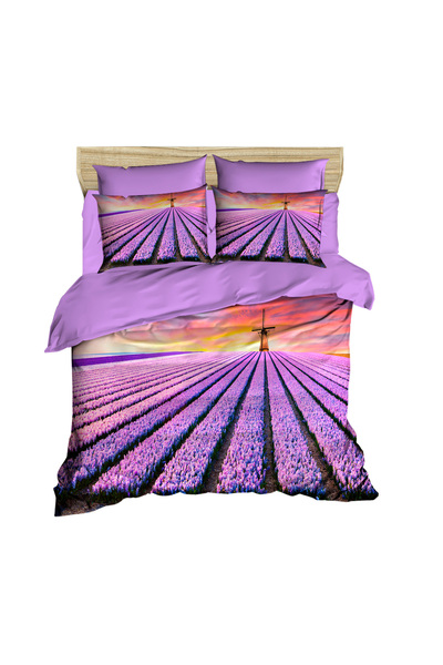 Fabeteks Windmill and Lavender Field 3D Digital Double Duvet Cover Pillow Set