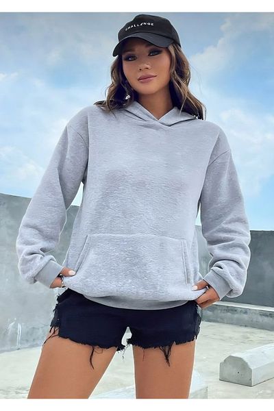 DeYz Women's Hooded Gray Unprinted Oversize Sweatshirt
