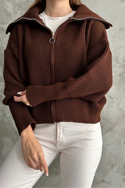 macharel jeans Καφέ πλεκτή ζακέτα με φερμουάρ γιακά