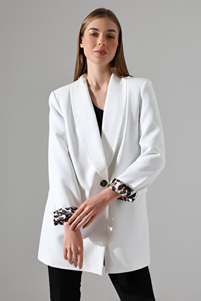 COCOCİX kadın şal yaka ceket leopar astarlı