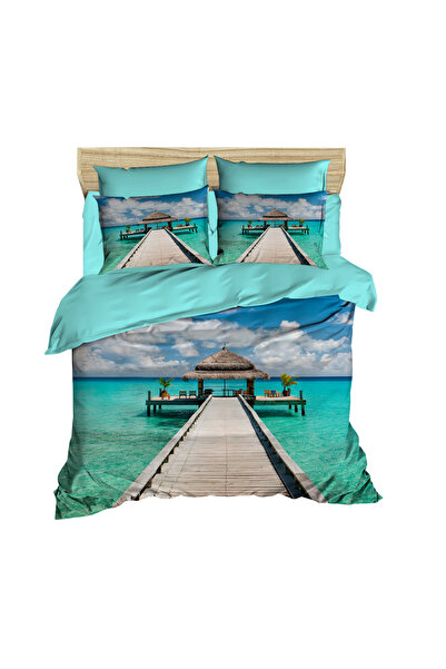 Fabeteks Seascape Blue Beach 3D Digital Double Duvet Cover Pillow Set