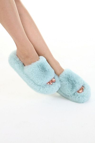 Beyond Γυναικείες Παντόφλες Mint Water Green Extra Soft Hairy House 3cm Bynd01