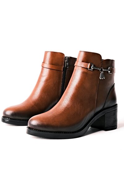 Lal Shoes & Bags بوت لوبيز نسائي بكعب جلد طبيعي - بني