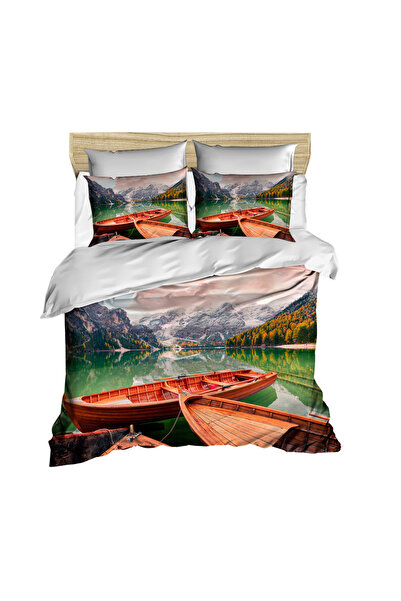 Fabeteks Boat and River Scenery 3D Digital Double Duvet Cover Pillow Set