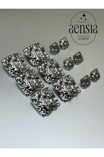 aensia Silver Square over Striped Pattern Metal Button Set - Pack of 12 (6 Large + 6 Small)