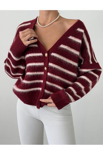 My Blog Claret Red Soft Cross Striped Cardigan - 4584