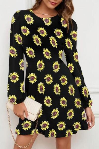 Mossta Κοντό φόρεμα κρεπ με κίτρινο σχέδιο με λαιμόκοψη