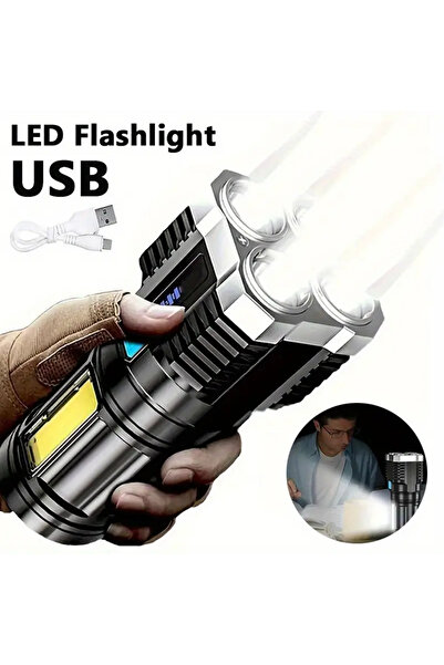 Generic 1200mAh USB Şarjlı LED El Feneri ve COB Yan Işık - 1200mAh Batarya, Güçlü ve Taşınabilir