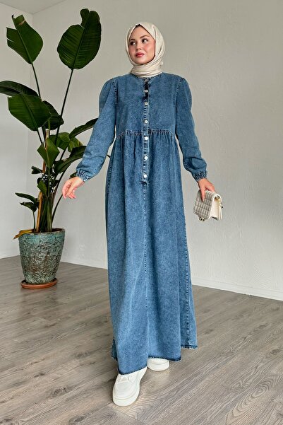 InStyle Balon Kol Düğmeli Mavi Kot Elbise