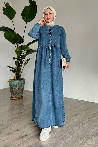 InStyle Rochie albastră din denim cu nasturi cu mâneci balon