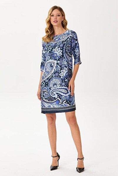 İKİLER Yuvarlak Yaka ¾ Kol Desenli Elbise 245-4005