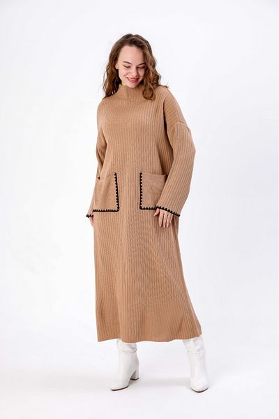 EsSo butik Women's Spanish Sleeve Shepherd Stitching Knitwear Dress Wide Fit Standard Size