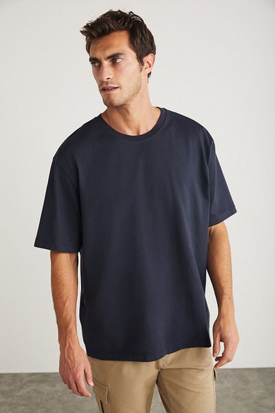 GRIMELANGE Blas Barbati - Tricou 100% bumbac organic cu decolteu bleumarin