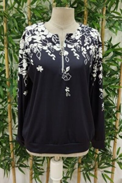 Mossta Front Zip Floral Print Raised Diving Blouse