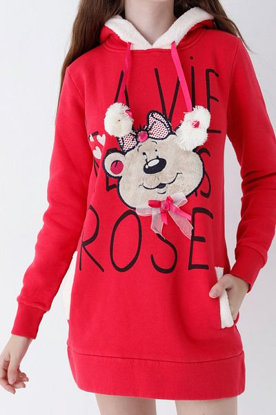 İntensive Young Girl Pink Teddy Bear Print Hooded Sweatshirt Dress