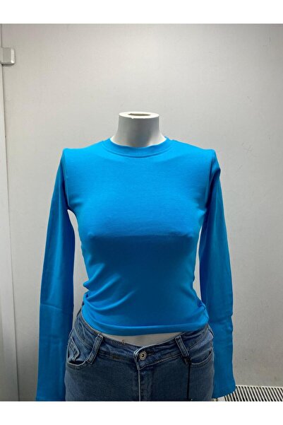 LADY HAZAL Bluză de bază cu mânecă lungă, cu mânecă lungă, cu decolteu, albastru gheață