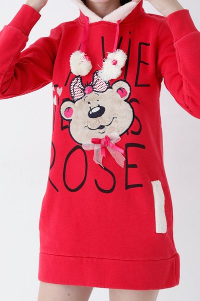 İntensive Young Girl Pink Teddy Bear Print Hooded Sweatshirt Dress