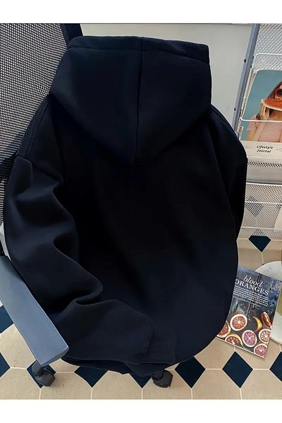 PALPİTO Women's Navy Blue Minap Cat Printed Hooded Hoodie Sweatshirt