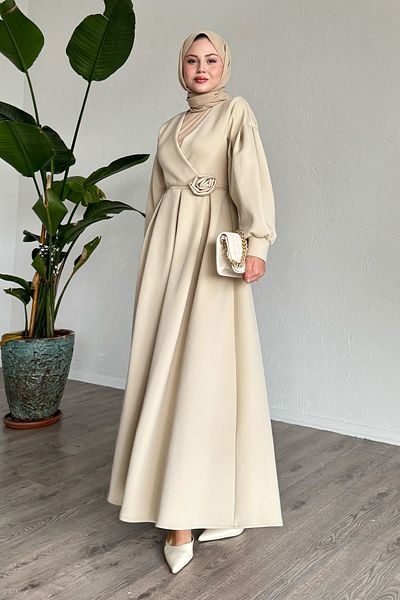 InStyle فستان سكوبا حجري مع إكسسوارات وردية