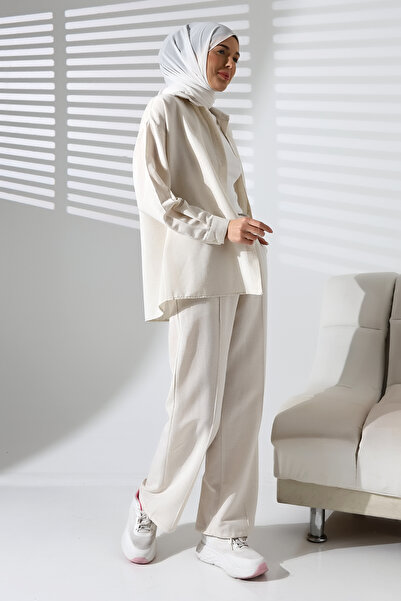MCZ GİYİM Beige Color Linen Oversize Women's Pants - Shirt Bottom Top Set