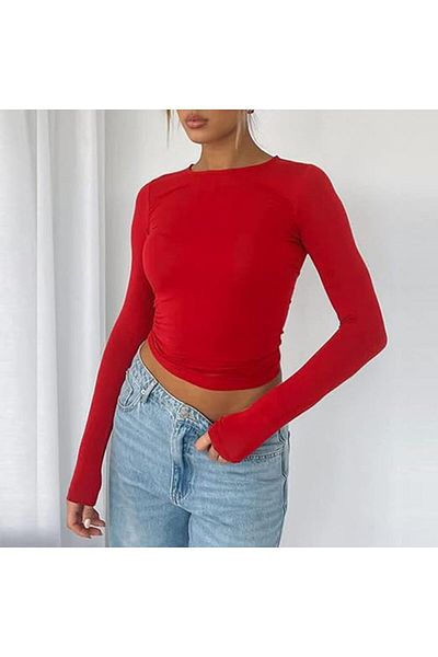 LADY HAZAL Red Round Neck Blouse Oversize Bodysuit Soft Touch Cotton Rib Long Sleeve Blouse