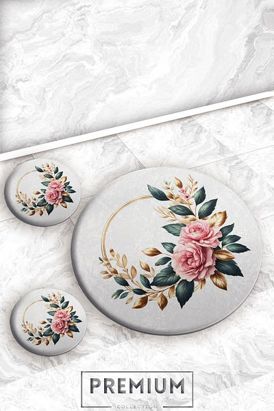 Evperest Gold Striped Floral Bath Mat Set