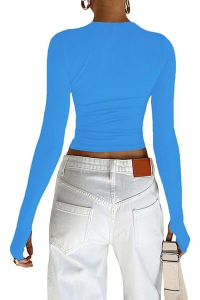 LADY HAZAL Ice Blue Crew Neck Basic Body στενή εφαρμογή Μακρυμάνικη μπλούζα με λεπτομέρεια στα δάχτυλα