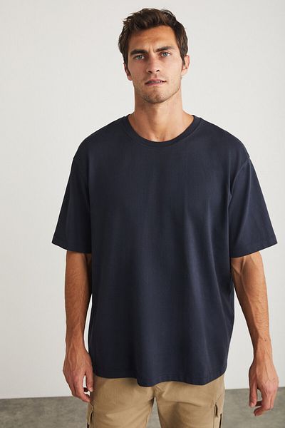GRIMELANGE Blas Barbati - Tricou 100% bumbac organic cu decolteu bleumarin
