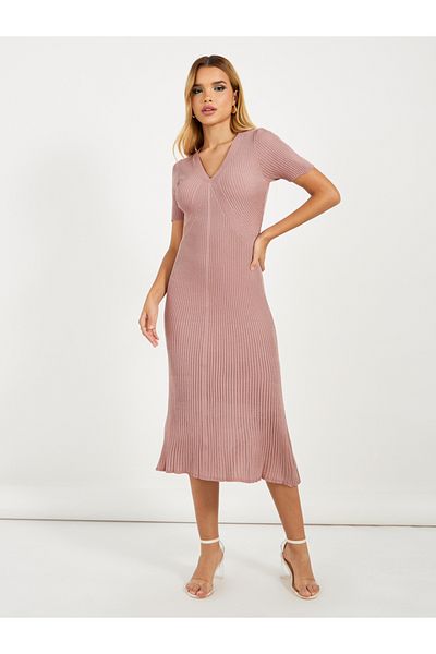 Styli Solid V Neck Knitted Midi Dress