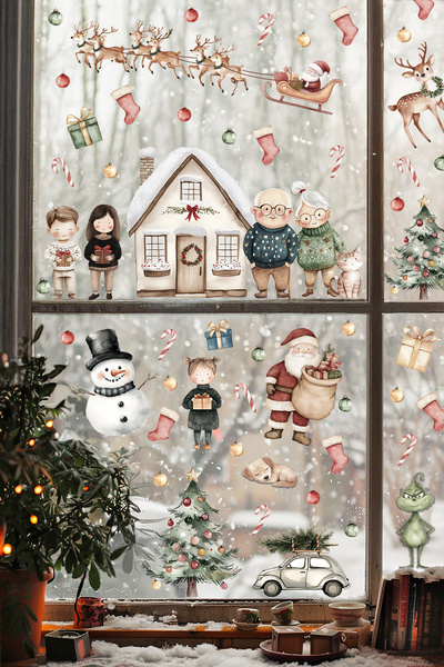 MSticker Sevimli Yılbaşı Kasabası Ve Sakinleri Yeni Yıl Süsü Yeni Yıl Hediyesi Cam Duvar Sticker Seti