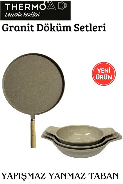 ThermoAD 36 cm Pancake Pan + 3-Piece Granite Casting Hot Pot Set - Wooden Handle, No Lid Sahan, 18-20-22 cm Mink