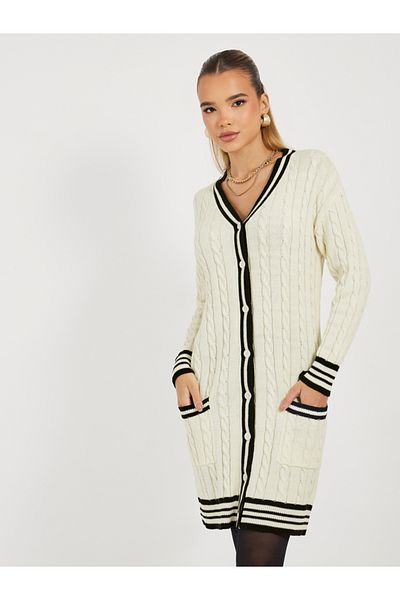 Styli Contrast Trim Cable Knit Sweater Mini Dress