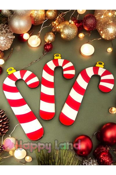 Happyland Christmas Ornament 3 Pieces Walking Stick Candy Ornament Drawstring 20 cm Wooden Model Christmas Decor