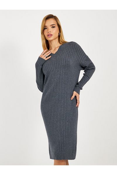 Styli Ribbed Knit V Neck Sweater Midi Dress
