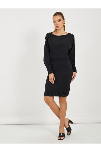 Styli Button Detail Knit Sweater Knee Length Dress