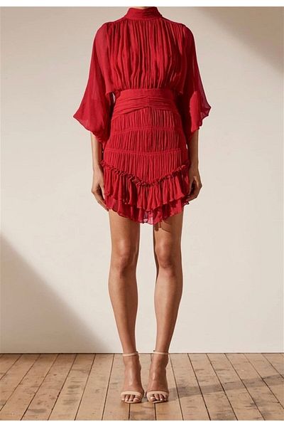 nish for you Red Long Sleeve Designer Dress