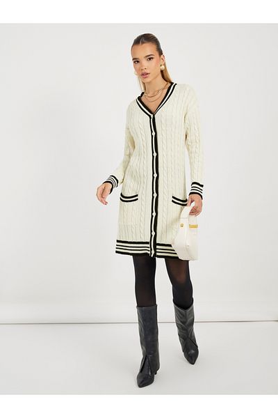 Styli Contrast Trim Cable Knit Sweater Mini Dress