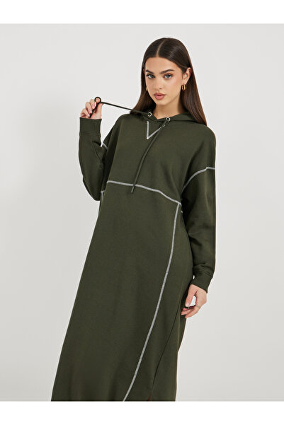 Styli Contrast Overlock Stich Hooded Sweatshirt Midi Dress