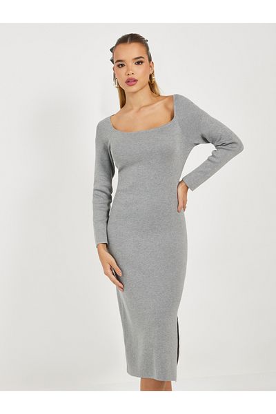 Styli Square Neck Knitted Sweater Midi Dress